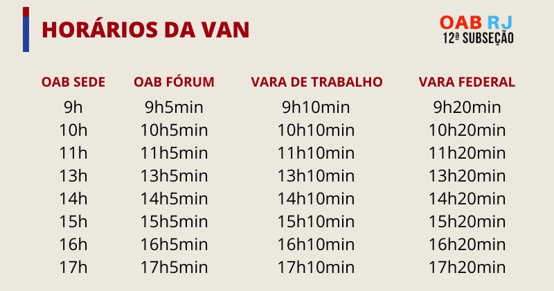 Quadro de horários da van gratuita, registrado pelo site antigo