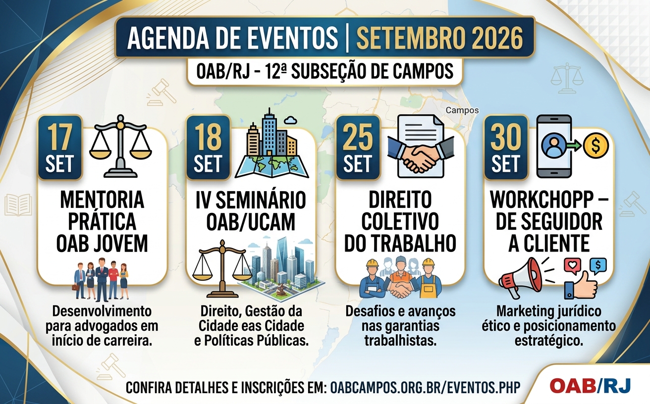 Agenda da Advocacia: OAB Campos divulga Programação de Eventos para setembro de 2026