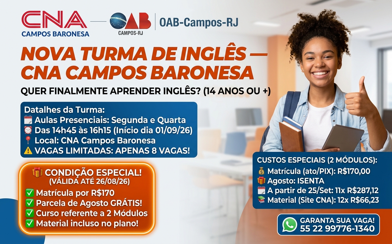 🚀 Oportunidade Exclusiva: Nova Turma de Inglês no CNA Baronesa em Parceria com a OAB-Campos-RJ!
