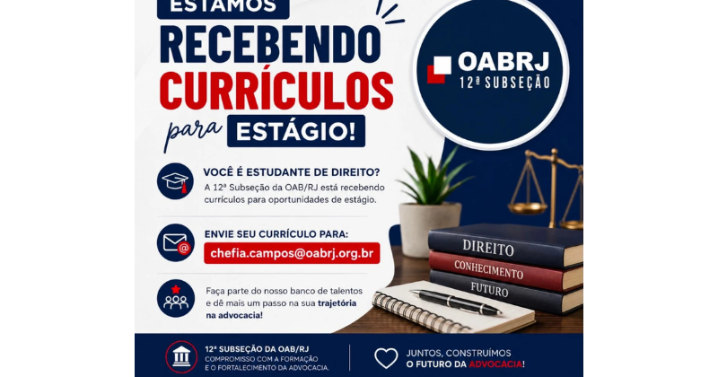 OAB Campos abre recebimento de currículos para Banco de Talentos de Estágio