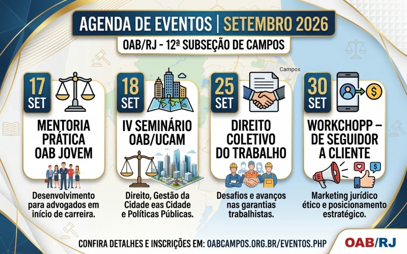 Agenda da Advocacia: OAB Campos divulga Programação de Eventos para setembro de 2026