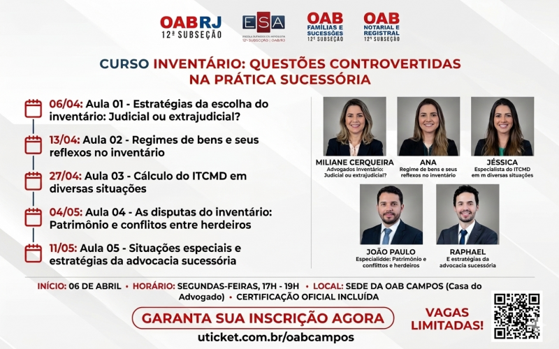 OAB Campos abre inscrições para curso presencial sobre Inventário e Prática Sucessória